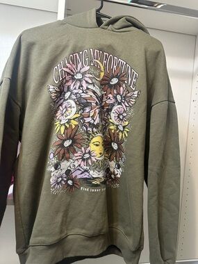 Pull&Bear Olive Green Graphic Hoodie with Multicolor Floral Print